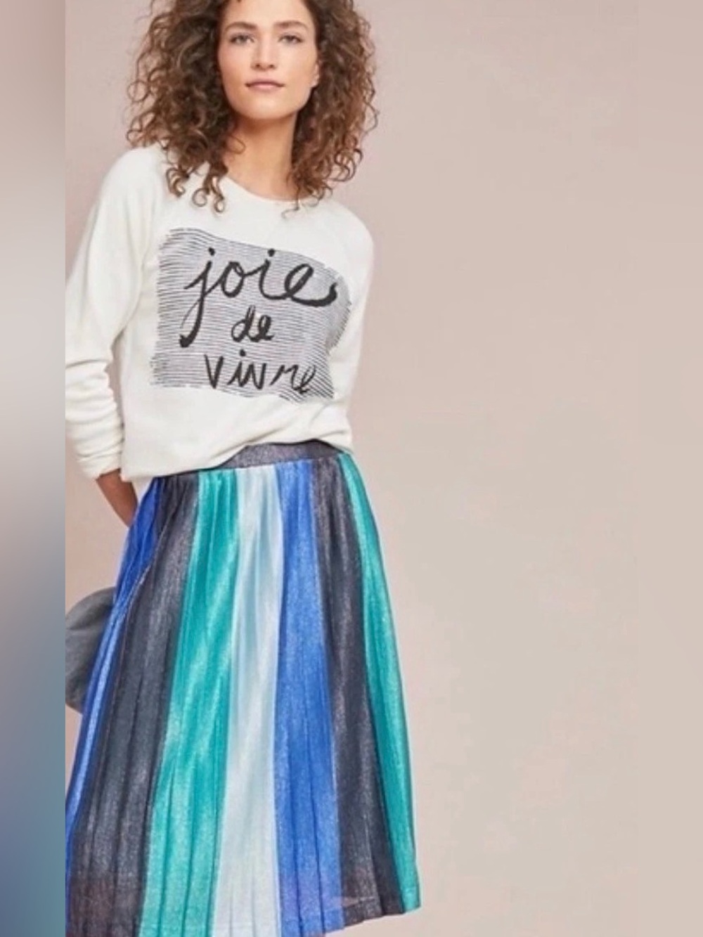 Anthropologie Striped Pleated Maxi Skirt in Blue, Teal & Silver